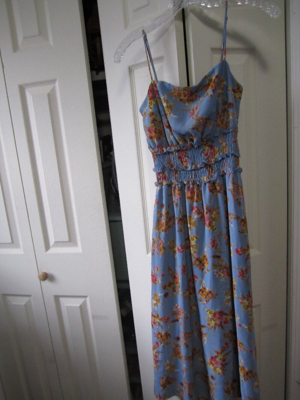 Blue Floral Midi Dress with Smocked Waist